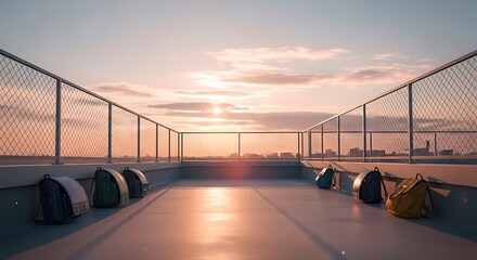 Rooftop Serenity Backpacks bask in sunset's golden embrace on a cityscape view
