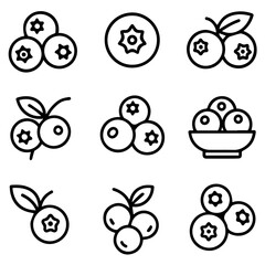 Blueberry Icon Set Assorted Line Art Depicting Berries Leaves and a Bowl.
