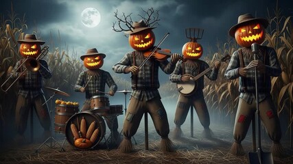 Halloween Pumpkin Scarecrow Band Performing in a Cornfield on a Moonlit Night