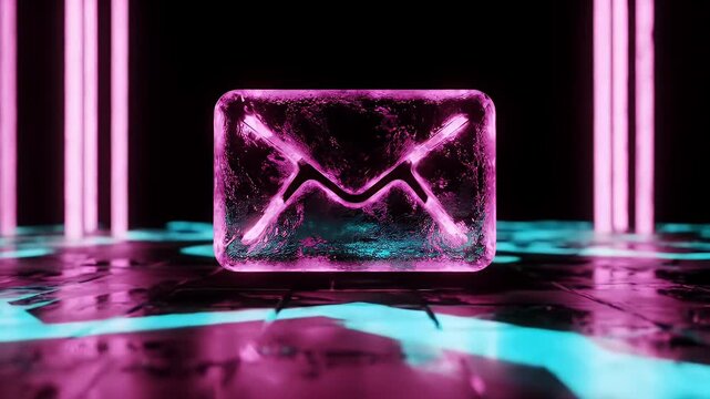 Illuminated Email Envelope Icon in Pink and Teal Glowing on a Reflective Surface