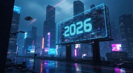 Neon-lit futuristic city street at night, rain