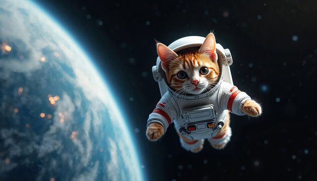 Tabby cat astronaut floats serenely space. Whimsical image blends feline charm, space exploration. Cat in spacesuit against planet Earth, stars, cosmos. Science fiction, adventure, fantasy, dreamlike