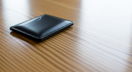 Closeup of a black leather wallet on a wooden table with a smooth surface and natural grain