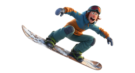 Animated snowboarder character soaring through air with excited expression