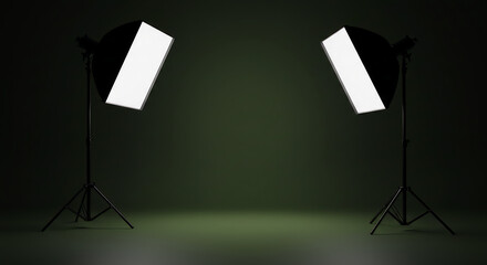 Two studio softbox lights on stands illuminating a dark green curved backdrop in an empty photography studio.