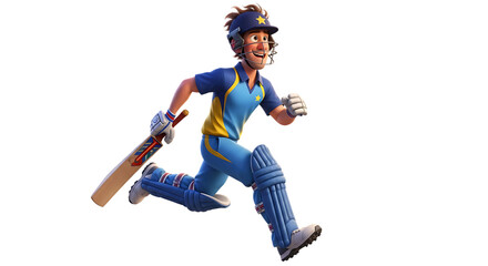 Energetic cartoon cricket player running with bat isolated on black background