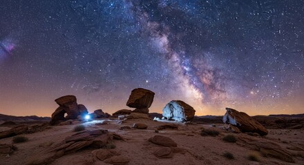 Night sky over balanced rocks