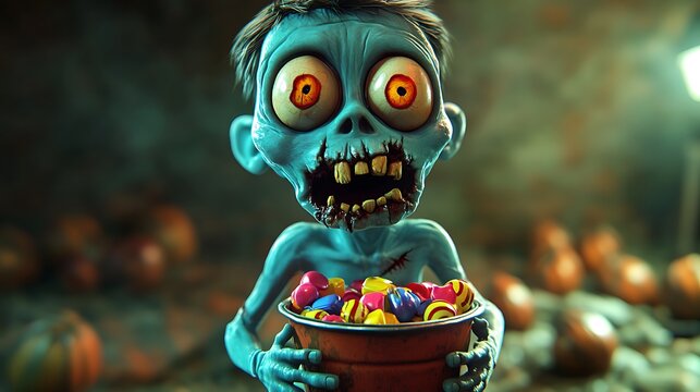 Funny animated zombie with a candy bucket for Halloween