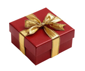 Obraz premium Red gift box with gold ribbon. A square gift box, a rich red color, is presented against a black background. A gold ribbon is tied in a bow on top