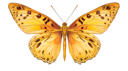 Detailed Illustration of a Golden Butterfly with Intricate Wing Patterns on a Transparent Background for Design Projects