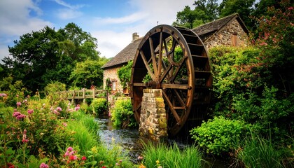 A charming waterwheel, nestled amidst lush greenery and colorful blooms, graces a quaint stone cottage.