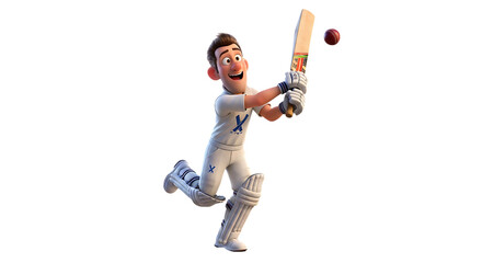 Animated cricket batter poised mid-swing against a stark black backdrop