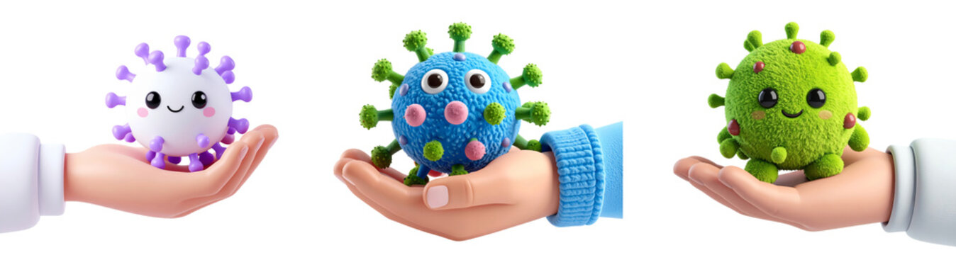 Cute virus character cartoon microbe colorful bacteria happy face held in hand 3D illustration isolated on white playful cheerful science concept children style