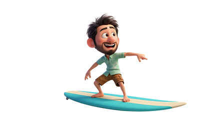 Enthusiastic cartoon character on surfboard against a solid background of pure
