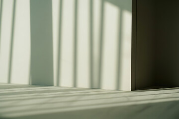 Soft natural light casts striped shadows across a minimalist interior wall and floor creating a serene atmosphere