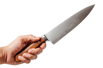 A hand holds a kitchen knife.  The blade is  stainless steel, the handle is wood.  Sharp, pointed blade extends from hand.  Focus on the knife, dark background