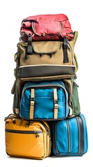 Fototapeta premium Stacked Colorful Luggage Bags Red, Olive Green, Blue, and Yellow Totes on White