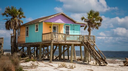 Colorful Beach House on Stilts with Palm Trees and Ocean View