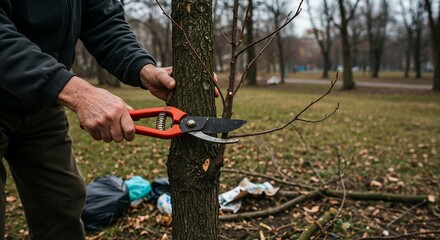 Obraz premium Arborist trims trees in park with pruning shears on cloudy day amid fallen branches and urban decay