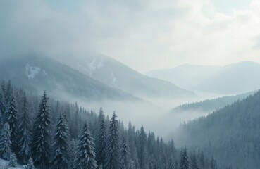Winter Carpathian mountains shrouded in mist and clouds. Snow-covered pine forests blanket the hillsides. The hazy atmosphere creates a dramatic, serene landscape perfect for travel or nature themes.