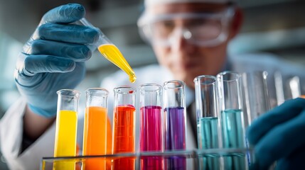 Close up shot of a scientist using a pipette to dispense yellow liquid into a test tube with colorful liquids for a lab experiment