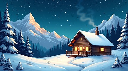 Fototapeta premium Cozy snow covered cabin amongst snowy pines and mountains at night