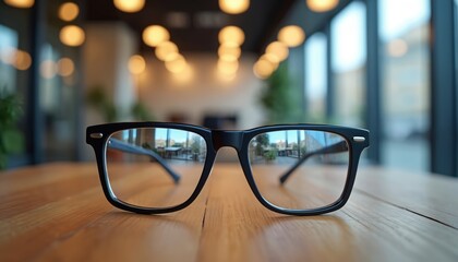 Black glasses resting on wooden table. Slightly off-center, blurred background of modern office room with window. Indoor setting with sharp focus on eyewear.