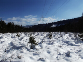A bright and beautiful winter morning in a snowy mountain landscape under a crisp blue sky