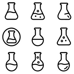Collection of Simple Black and White Laboratory Flask Icons with Various Contents.