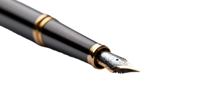 Close-up of a black fountain pen nib with gold accents.  The nib is sharply focused against a black background