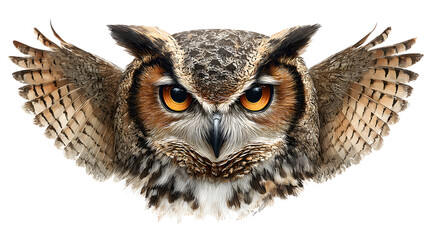 Fototapeta premium Detailed Illustration of a Great Horned Owl with Intense Gaze on a Transparent Background for Design and Educational Use
