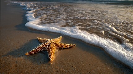 Starfish Resting on Sandy Beach with Wave Rolling in at Sunset