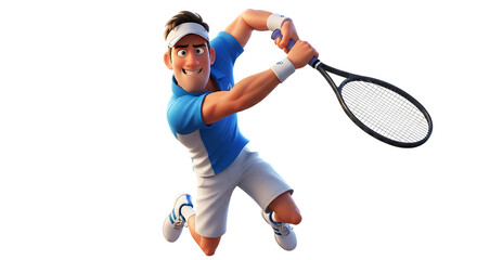 Energetic cartoon tennis player swinging racquet with determined expression