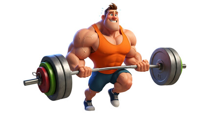 Cartoon bodybuilder demonstrating intense bicep curl exercise for strength
