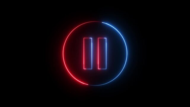 Glowing light neon red and blue color media player pause icon animation sign symbol on black background