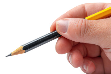 Close-up of a hand holding a black and yellow pencil