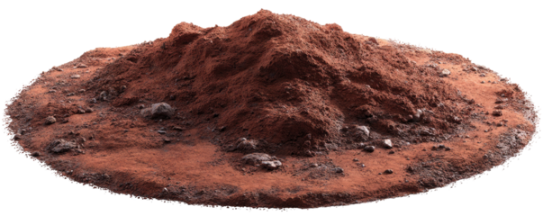 3D model of a reddish-brown mound, possibly of soil or rock.  Surface texture shows varied elevations and embedded darker rocks.  Circular, isolated mound