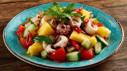 Refreshing Octopus Salad with Pineapple Cucumber and Tomato Served on Plate