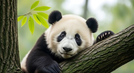 Naklejka premium Giant Panda Bear Resting Lazily on a Tree Branch.