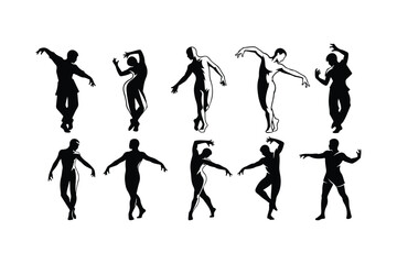 Obraz premium Ten black silhouettes of dancers in various ballet poses on a white background vector