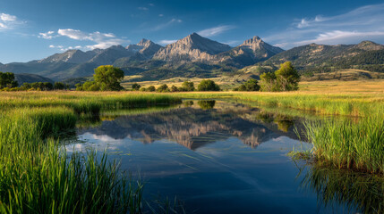 Fototapeta premium A scenic view of mountains reflecting in a calm pond surrounded by lush green grass land