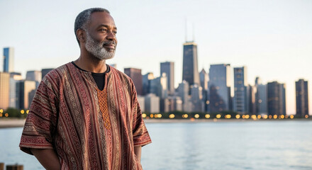 Fototapeta premium A mature african american man standing in front of the chicago skyline in a traditional african shirt with the lake in the background