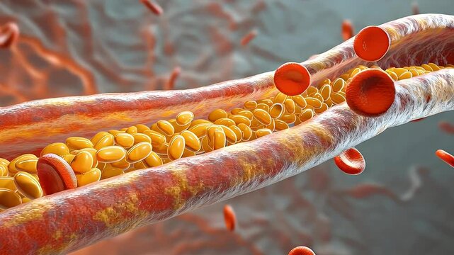 Illustration of blood flow in an artery with cholesterol buildup.