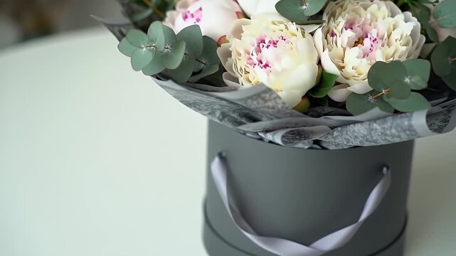 White and Pink Peonies with Eucalyptus in Gray Hat Box on White Table