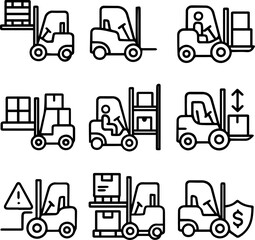 Diverse Forklift Icons Depicting Logistics Safety and Financial Protection.