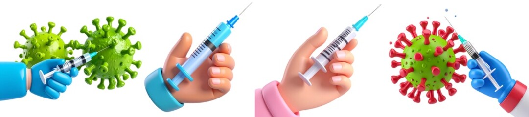 Hand holding syringe injecting green virus hand holding syringe injecting red virus 3D illustration vaccination healthcare immunization medical concept disease prevention hope