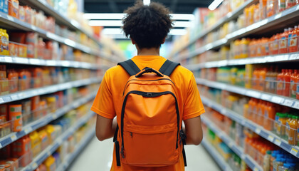 Young shopper stands in grocery store aisle with orange shirt and backpack. Consumer walks through store with shelves full of products. Shopping in supermarket, buying groceries. Casual lifestyle.