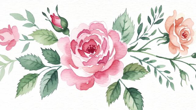 Watercolor Illustration of Pink and Peach Roses with Green Leaves on White Background Detailed Floral Bouquet Artwork