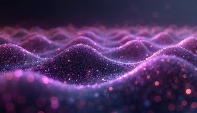 AI generated abstract design. Amethyst waves pattern, with smooth flowing particles. Purple, violet colors, with glowing lights, dynamic motion. Dark background with shiny surface.