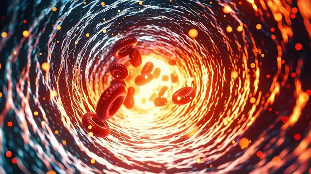 A vibrant depiction of blood cells flowing through a vein.